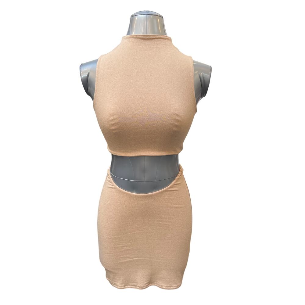 NWT Naked Wardrobe Two Piece Bodycon Crop Top Mini Skirt Set Tan Womens Size M